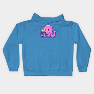 Cute Octopus Working On Laptop Cartoon Kids Hoodie